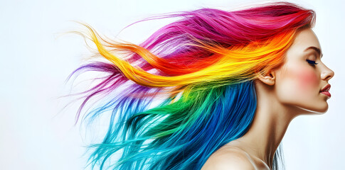 Portrait of young woman with multicolored rainbow-colored hairstyle isolated on background, fashion photo