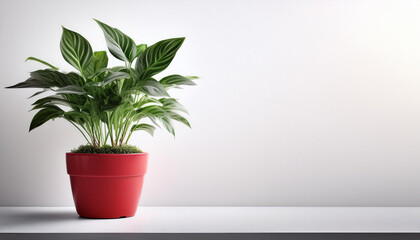 Fototapeta premium Vibrant green plant in red pot against minimalist background, home decor. Plant. Urban gardening