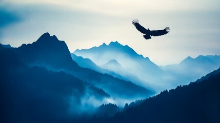 A majestic bird soaring over misty blue mountains, capturing the beauty and serenity of nature in a tranquil landscape.