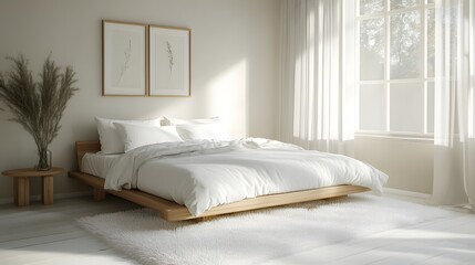 Minimalist bedroom, Scandinavian design, light wooden bed frame, crisp white bedding, fluffy white area rug, white wooden flooring, sheer white curtains, natural sunlight.
