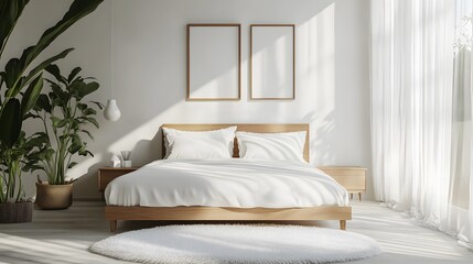 Minimalist bedroom, Scandinavian design, light wooden bed frame, crisp white bedding, fluffy white area rug, white wooden flooring, sheer white curtains, natural sunlight.