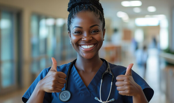 African American nurse wearing a nurse uniform, holding both thumbs up, happy smile.