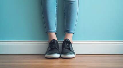 Mismatched elegant black leather shoes, light blue denim jeans, white baseboard, two-tone blue wall background, wooden floor, minimalist composition, fashion contrast.