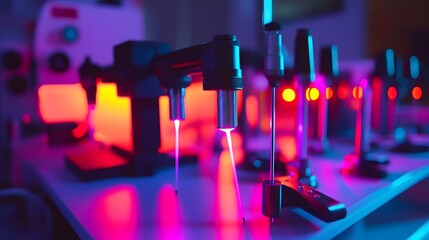 Arrangement of various laser therapy tools meticulously placed on a table with focused beams of light illuminating the surface and creating a space for additional copy or text