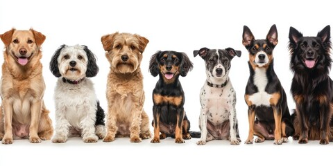 Obraz premium Variety of Ten Different Dogs Sitting Side by Side - Canine Companions for Pet Enthusiasts and Animal Lovers.
