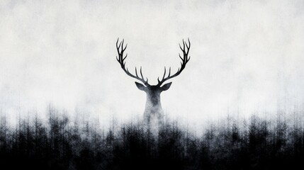 A majestic deer silhouette emerges from a misty forest, creating a mystic and serene atmosphere.