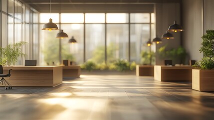 Modern open office space, blurred background, bright interior, wooden desks, ergonomic chairs, large windows, natural light, pendant lights, bokeh effect, coworking environment.