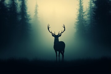 A majestic deer stands quietly in a misty forest, surrounded by tall trees, creating an ethereal and serene atmosphere.