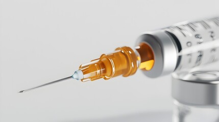 Close up view of a syringe preparing to inject cosmetic filler into the skin with a focus on the needle and skin isolated on a plain background with copy space for text or design