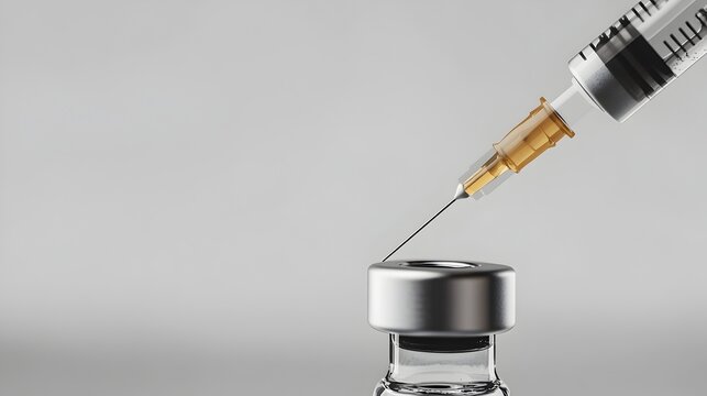 Close up view of a syringe preparing to inject dermal filler into the skin with a focus on the needle and skin isolated on a plain background with copy space  Concept of cosmetic treatment