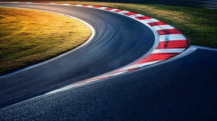 Racetrack curve, Formula 1 circuit, smooth asphalt, vibrant red and white curb, sunlit grass verge, dynamic perspective, sweeping turn, motorsport photography.