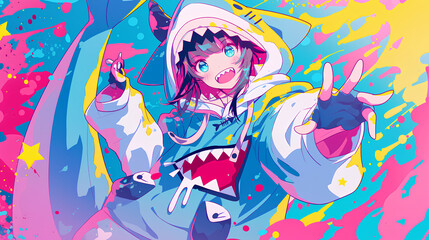 cute shark character wearing anime onesie costume, anime style, cute kawaii, simple, smiling happy. neon psychedelic background