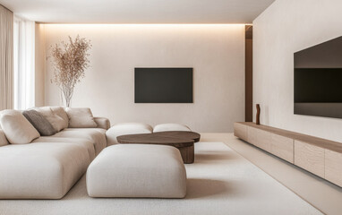 Modern living room interiors with elegant furniture and leg lighting. Luxury interior design composition with copyspace.