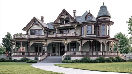 A grand Victorian-style house with intricate details and a spacious porch.