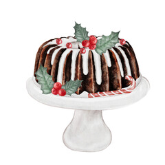 Christmas cake. Hand drawn watercolor traditional holiday cake on a stand with holly berries. Clip art of chocolate pastry on isolated white background. Ideal for cookbook and bakery menu
