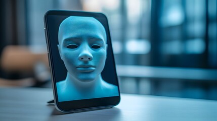 Smartphone application interface controlling a customizable digital face mask with space for text overlay allowing users to edit and personalize their virtual identity and expressions