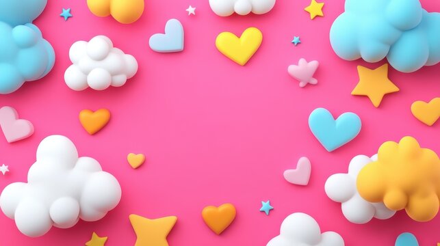Colorful 3D cartoon style scene with fluffy white clou