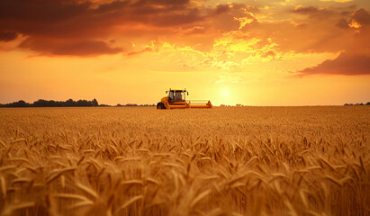 Fototapeta premium harvest wheat. combine harvester sunset working on ripe wheat field, moisson , rich harvest Concept, wheat field, wheat crop, Agriculture