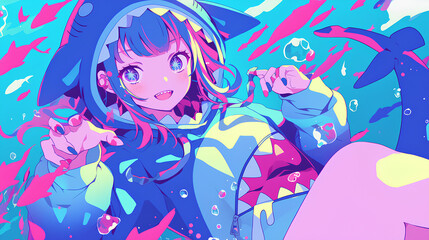 Fototapeta premium cute shark character wearing anime onesie costume, anime style, cute kawaii, simple, smiling happy. neon psychedelic background