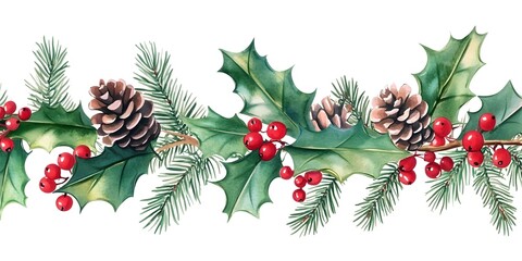 Decorative horizontal border featuring a watercolor of holly leaves mistletoe red berries and pine cones perfect for Christmas New Year and other winter holiday designs cards invitations posters