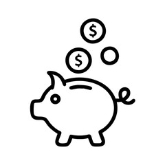 Piggy bank with coins icon in black and white line art