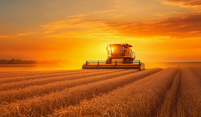 Fototapeta premium harvest wheat. combine harvester sunset working on ripe wheat field, moisson , rich harvest Concept, wheat field, wheat crop, Agriculture