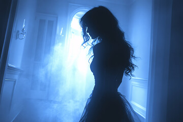 A ghostly woman stands in a dark room, creating a spooky and mysterious atmosphere. This image can be used for Halloween promotions or horror-themed content.