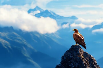 A majestic eagle perched on a rocky peak, overlooking a stunning mountain landscape shrouded in clouds and vibrant blue skies.