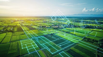 Aerial view of smart agriculture with digital overlay showing modern technology in expansive green farmlands at sunrise.