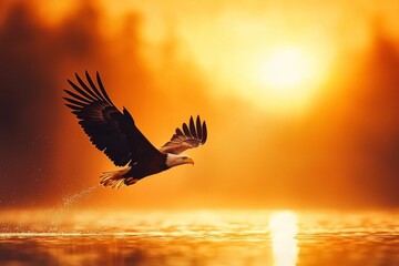 Fototapeta premium A majestic eagle soaring against a vibrant sunset, symbolizing freedom and strength in nature's breathtaking beauty.
