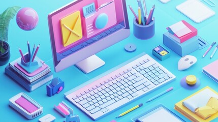 Business isometric workplace  concept of workplace with computer Desk and office equipment.Workplace Isometric Vector Illustration 3d rendering