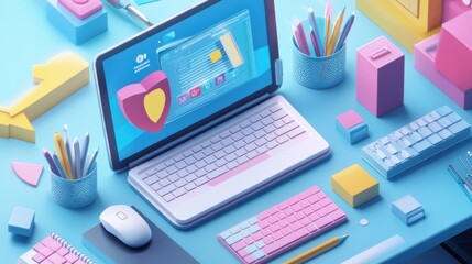 Business isometric workplace  concept of workplace with computer Desk and office equipment.Workplace Isometric Vector Illustration 3d rendering