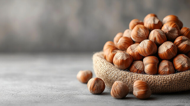 macro closeup flat lay food background photo of a bowl full of hazelnuts on a wooden table with some nuts spread on the tabletop and blank text space at side