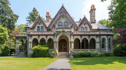 A grand Victorian-style mansion with intricate architecture and lush greenery.
