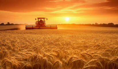 Fototapeta premium harvest wheat. combine harvester sunset working on ripe wheat field, moisson , rich harvest Concept, wheat field, wheat crop, Agriculture