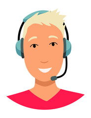 Call center operator avatar with headphone. Online support service assistant. Male customer help manager.  illustration of character