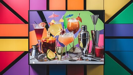 Collection of drinks, cocktail shaker and other bartender equipment on color background