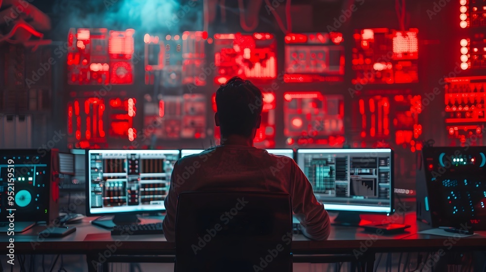 Poster hacker launching cyber attack in high tech control room with red warning lights flashing
