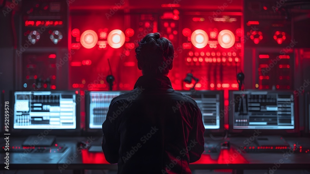 Poster hacker launching cyber attack in high tech control room with red warning lights
