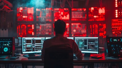 Hacker Launching Cyber Attack in High Tech Control Room with Red Warning Lights Flashing