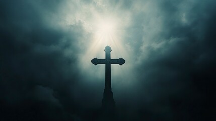Dramatic image showing a religious church cross framed against a moody sky that is beginning to open and pierce light through behind the cross, showing the Lord's presence. generative ai