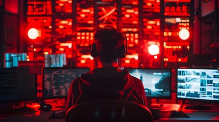 Hacker Launching Cyber Attack in High Tech Control Room with Flashing Red Lights