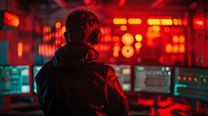 Obraz premium Hacker Launching Cyber Attack in High Tech Control Room with Red Warning Lights Flashing
