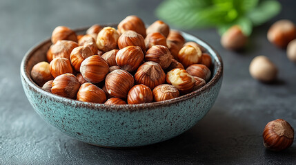 Fototapeta premium macro closeup flat lay food background photo of a bowl full of hazelnuts on a wooden table with some nuts spread on the tabletop and blank text space at side