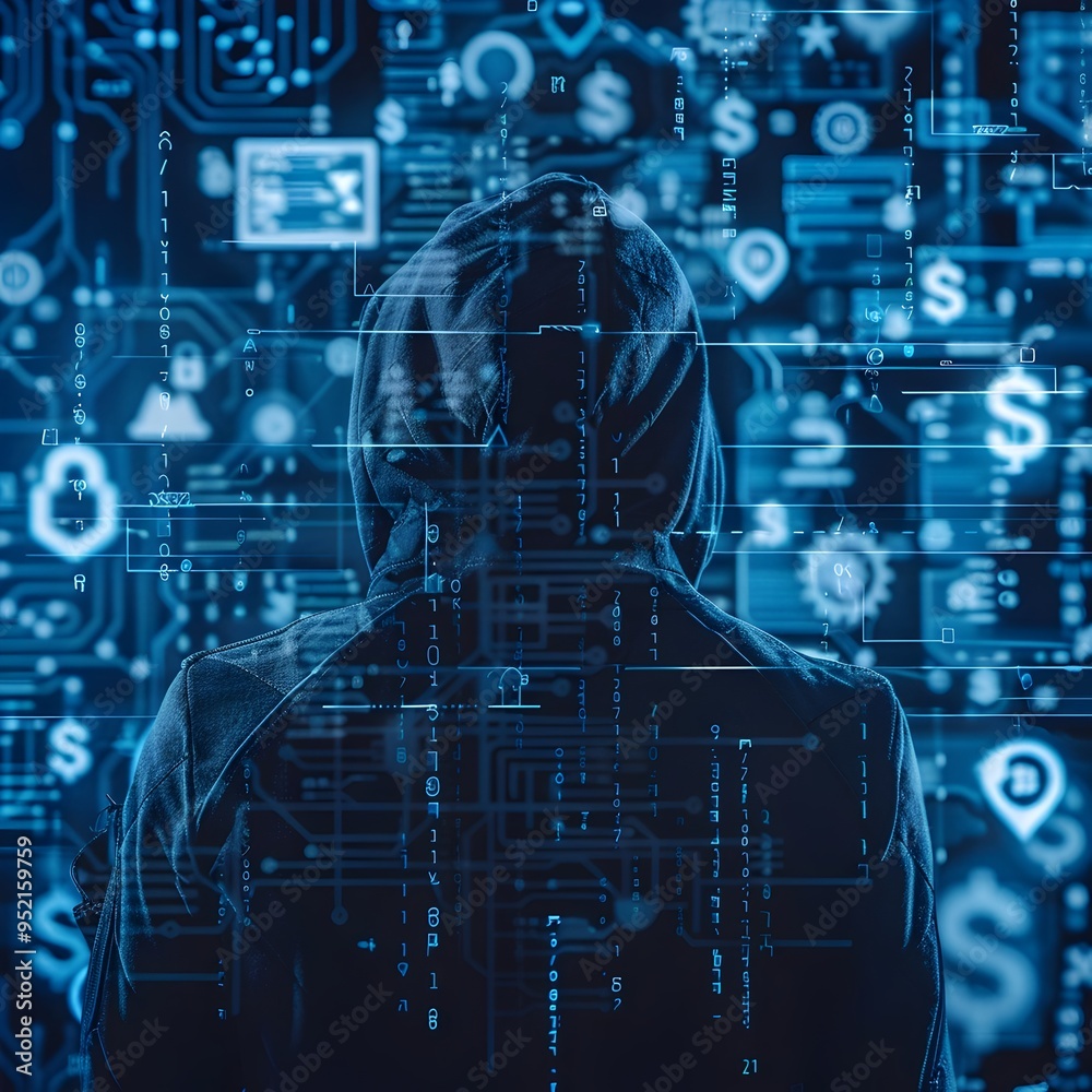 Poster hacker breaching financial system with digital currency transactions on interface
