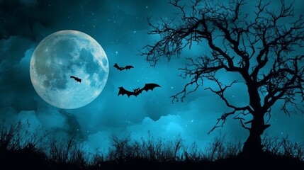 Haunted background with illustrations of pumpkins, a cemetery, and bats in the middle of a full moon. 