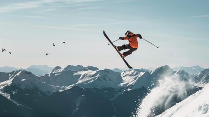 Naklejka premium Skier Soaring Over Snowy Mountains