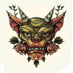 Goblin head very simple traditional tattoo flash styles illustration