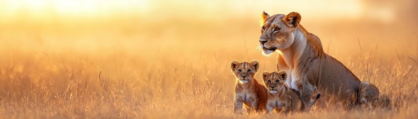 Obraz premium A majestic lioness sits with her playful cubs in golden grass during a stunning sunset, showcasing the beauty of wildlife.