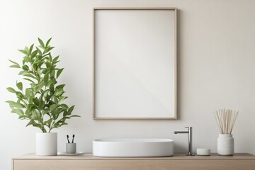 Minimalist Close-Up Frame Mockup in Modern Bathroom with Metallic Frame Above Floating Vanity and Small Plant